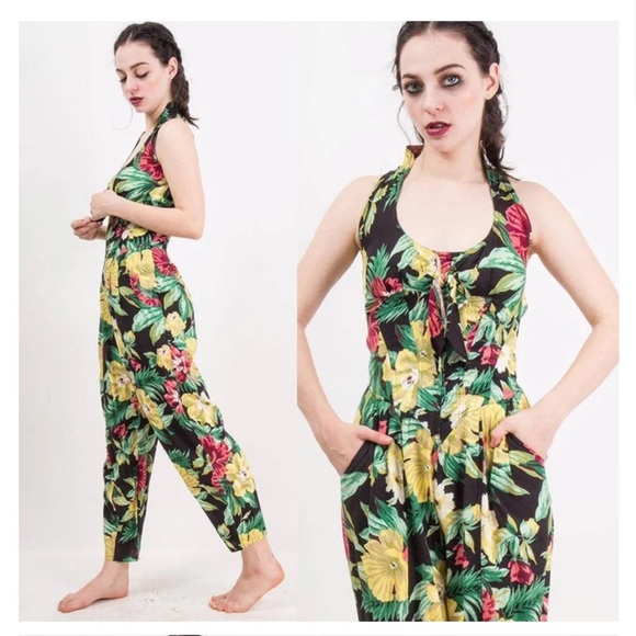 Vintage Karen Alexander Dark Floral Jumpsuit with Boned Corset bodice Sz 4 - Picture 1 of 5